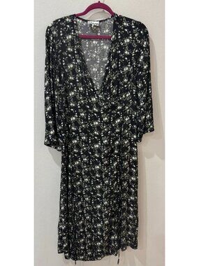 GANNI Black Floral Wrap Midi Dress Long Sleeve